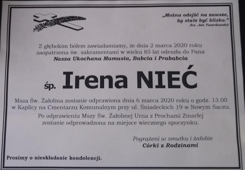 Irena Nieć nie żyje