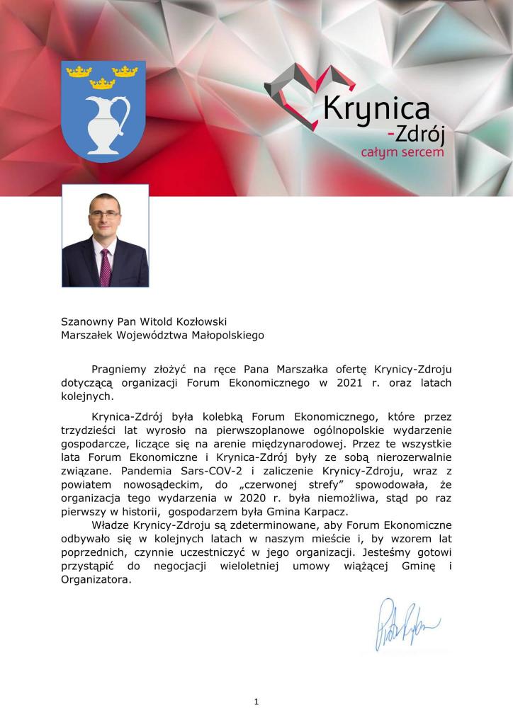 Pismo burmistrza Piotra Ryby