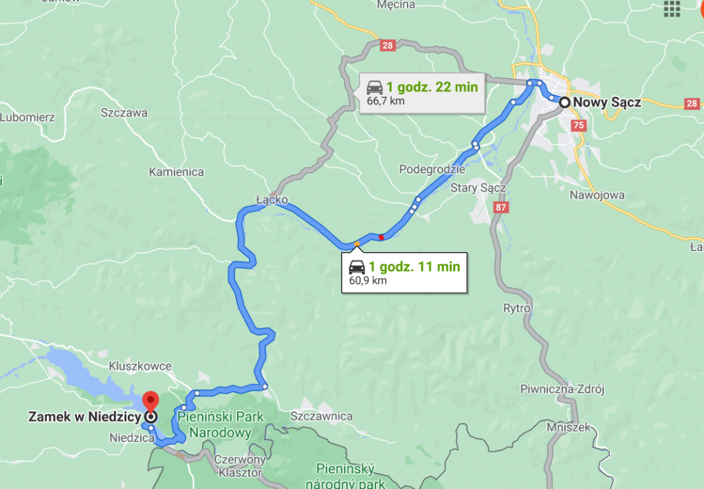 Dojazd z Nowego Sącza do zamku w Niedzicy, Google Maps