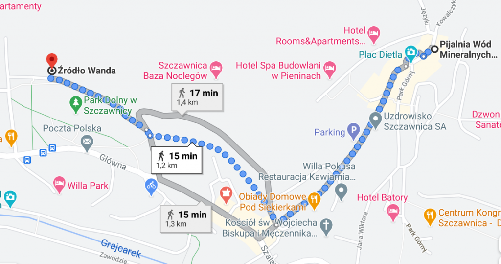 Trasa z Pijalni w Szczawnicy do źródła Wanda, Google Maps