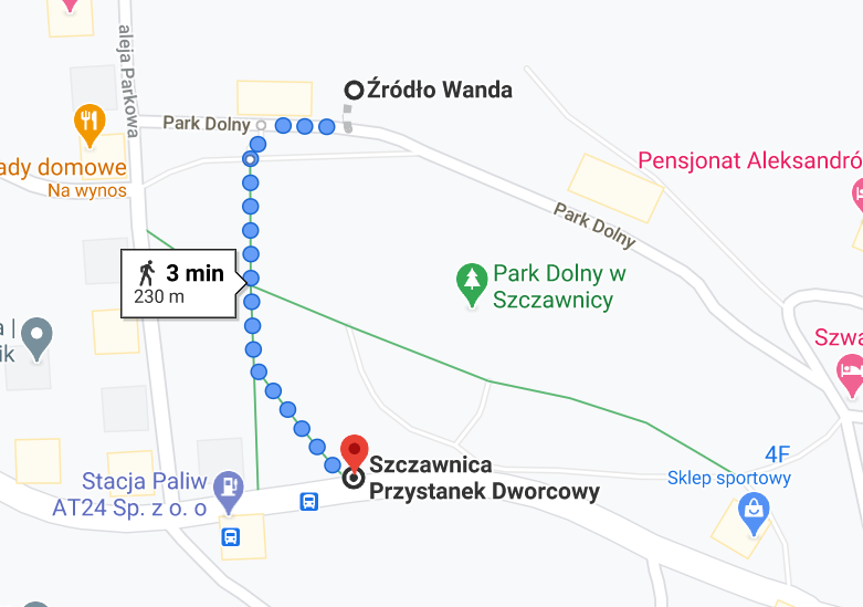 Trasa z przystanku do źródła Wanda, Google Maps