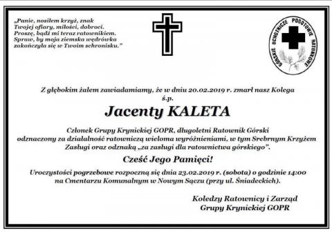 Zmarł Jacenty Kaleta, członek Grupy Krynickiej GOPR. Pogrzeb w sobotę