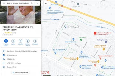 Mapy Google przyjmą wszystko? "Kościół ofiar św. Jana Pawła II" w Nowym Sączu