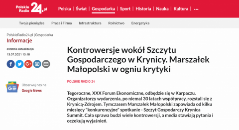 Polskie Radio 24: marszałek Małopolski w ogniu krytyki. Chodzi o Krynica Summit